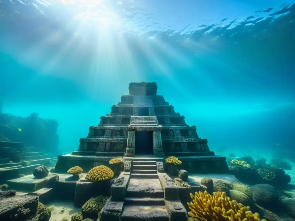 Misterioso templo maya sumergido con secretos religión maya subacuáticos entre corales y peces vibrantes