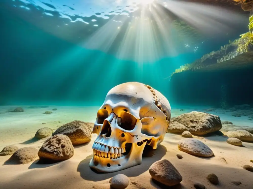 Profundidades Sagradas: Misterios del Cenote Maya Misteriosos sacrificios humanos mayas en cenotes, evocando la antigua solemnidad subacuática