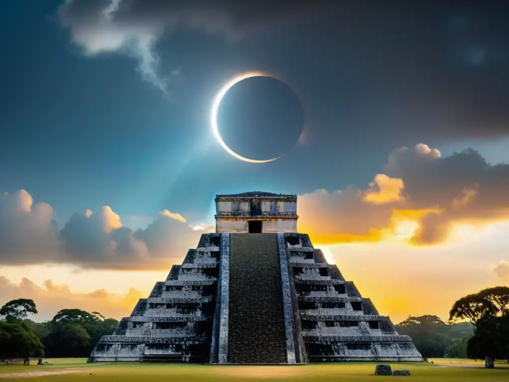 La mística conexión celestial y terrenal en Chichén Itzá durante un eclipse solar, resaltando la importancia de los eclipses en el ciclo de vida Maya