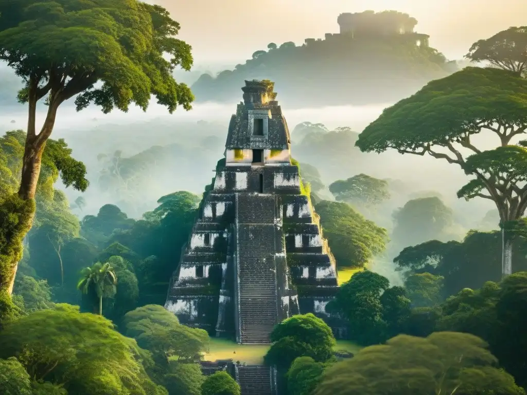 Explora la mística cultura maya en Tikal al amanecer, con templos antiguos emergiendo entre la selva y una aura de misterio