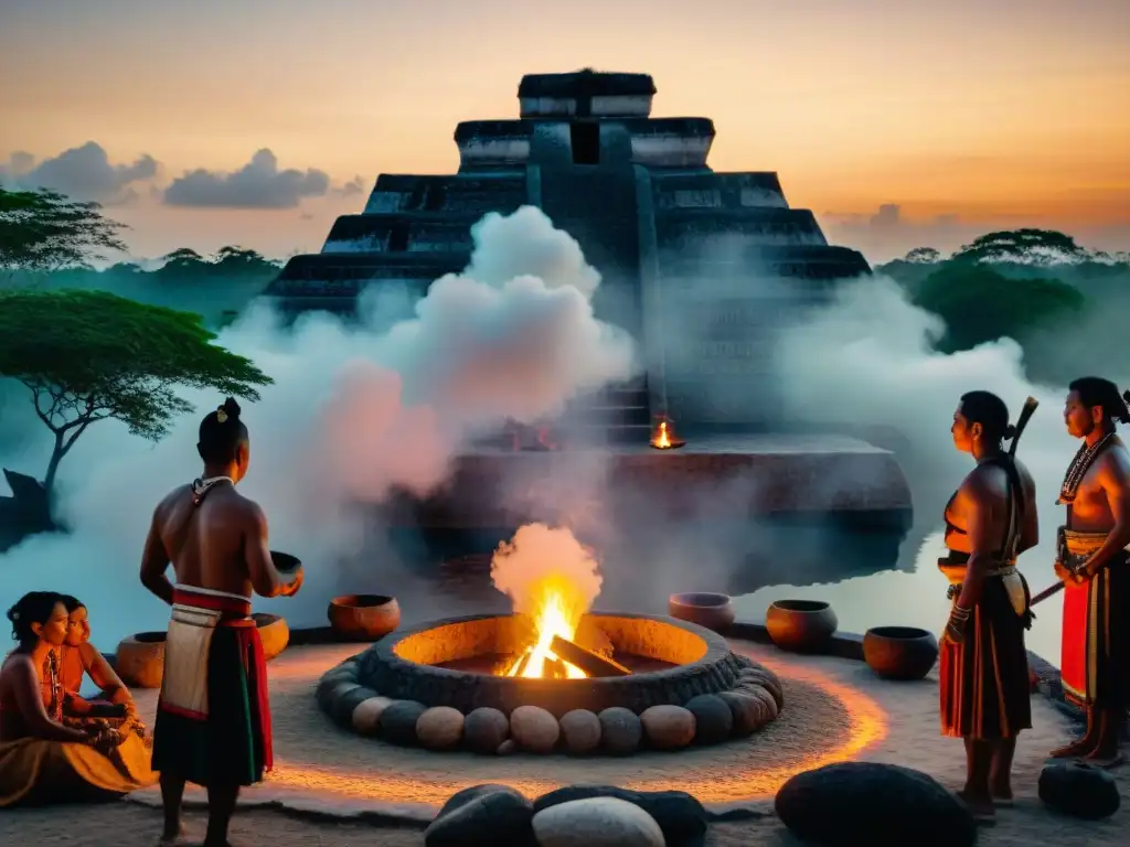 Celebración mística de un ritual temazcal maya al atardecer, con siluetas entre el vapor, fuego y luz del sol