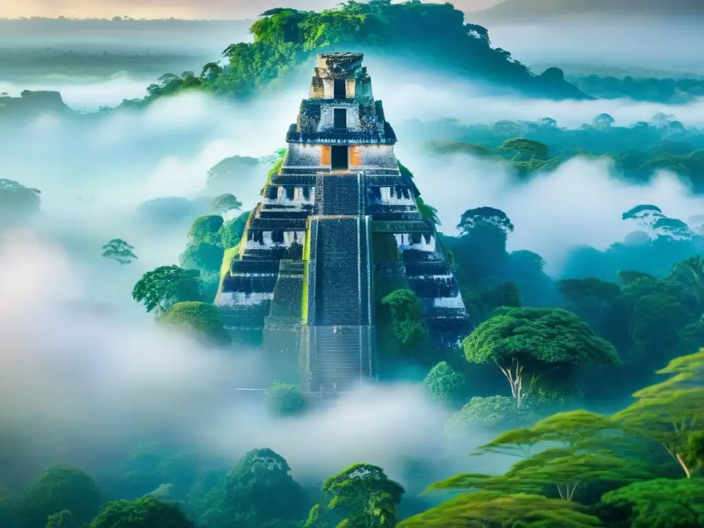 Explora el místico amanecer sobre las ruinas de Tikal, con pirámides bañadas en luz dorada y selva exuberante