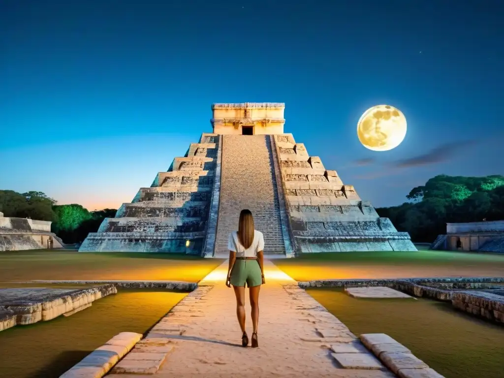 Místico El Castillo de Chichén Itzá iluminado por la luna llena, reflejando la astronomía maya y sus conocimientos ancestrales