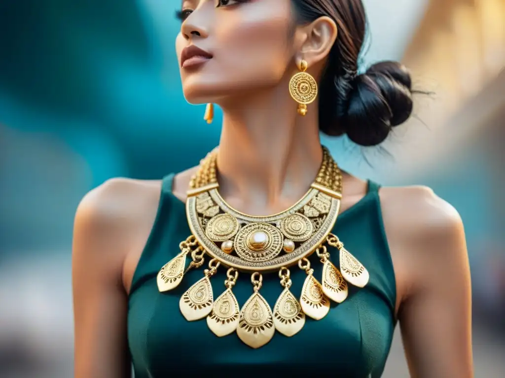 Una modelo de moda lleva un collar dorado inspirado en joyas mayas, fusionando tradición y tendencias