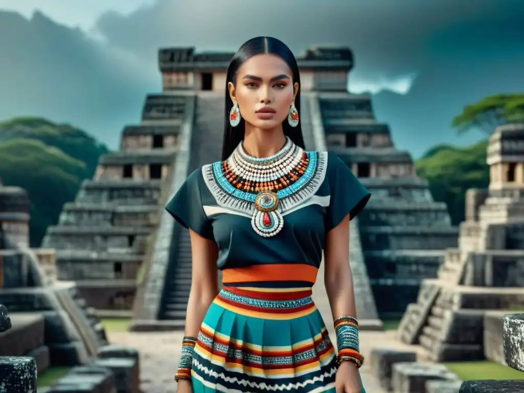 Una modelo moderna luce un conjunto inspirado en joyas mayas, fusionando tradición y moda frente a ruinas antiguas