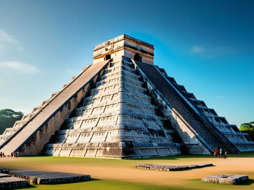 Un momento mágico en el Templo de Kukulcán en Chichén Itzá durante el equinoccio de primavera, con turistas admirando este fenómeno astronómico maya