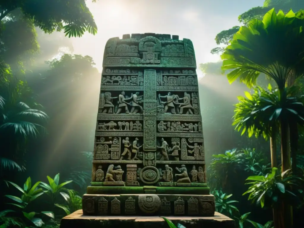 Monumento maya detallado en la jungla, resaltando la importancia de las estelas mayas