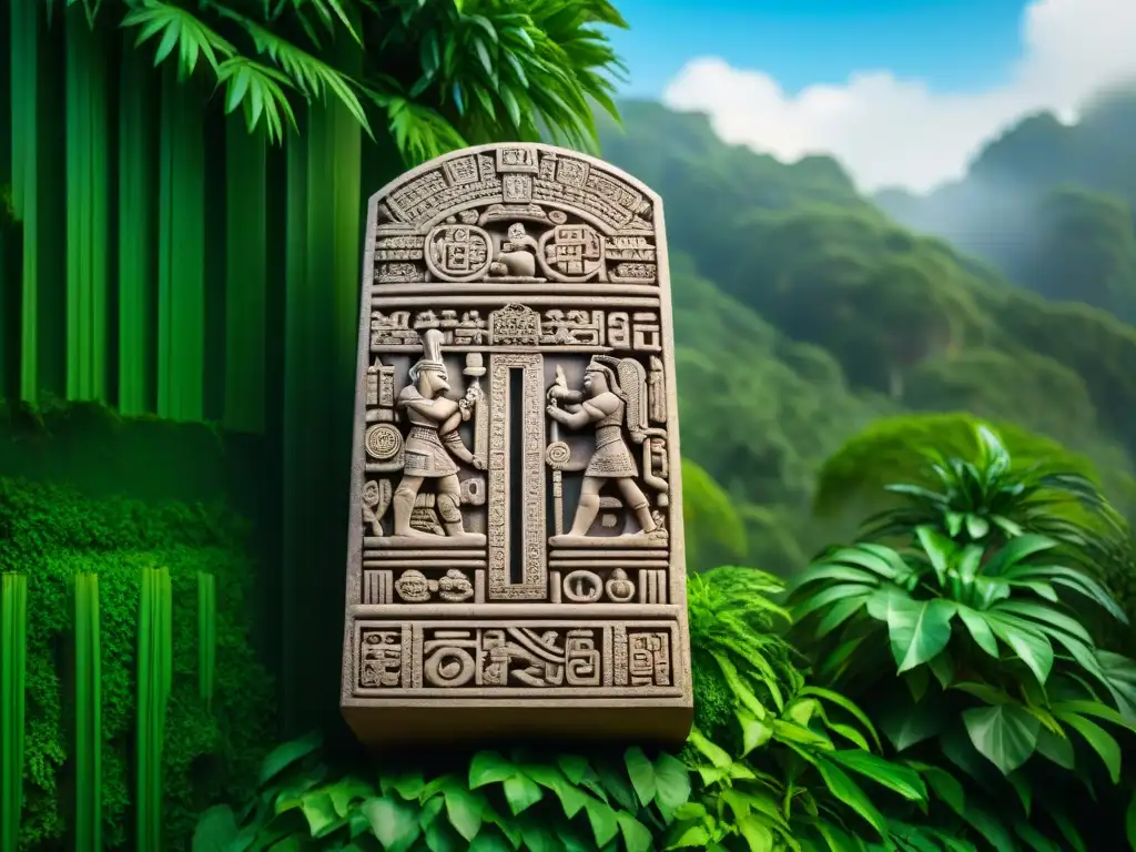 Monumento maya con glifos detallados en la selva: significado glifos mayas educación turismo