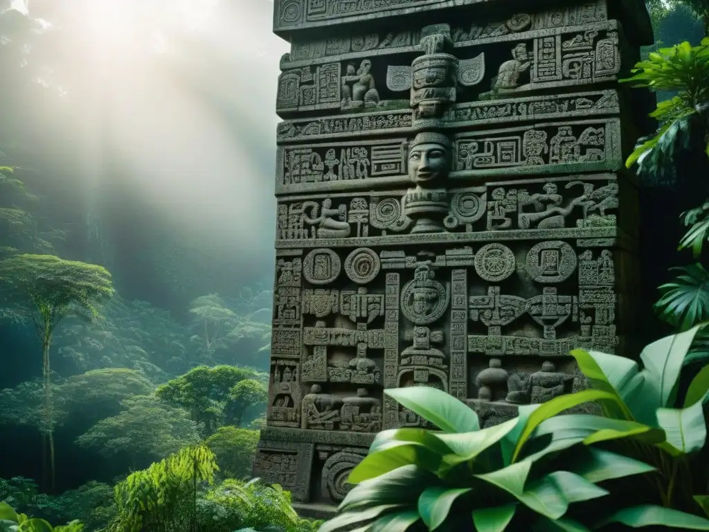 Monumento maya con intrincados grabados y hieroglíficos, en la selva