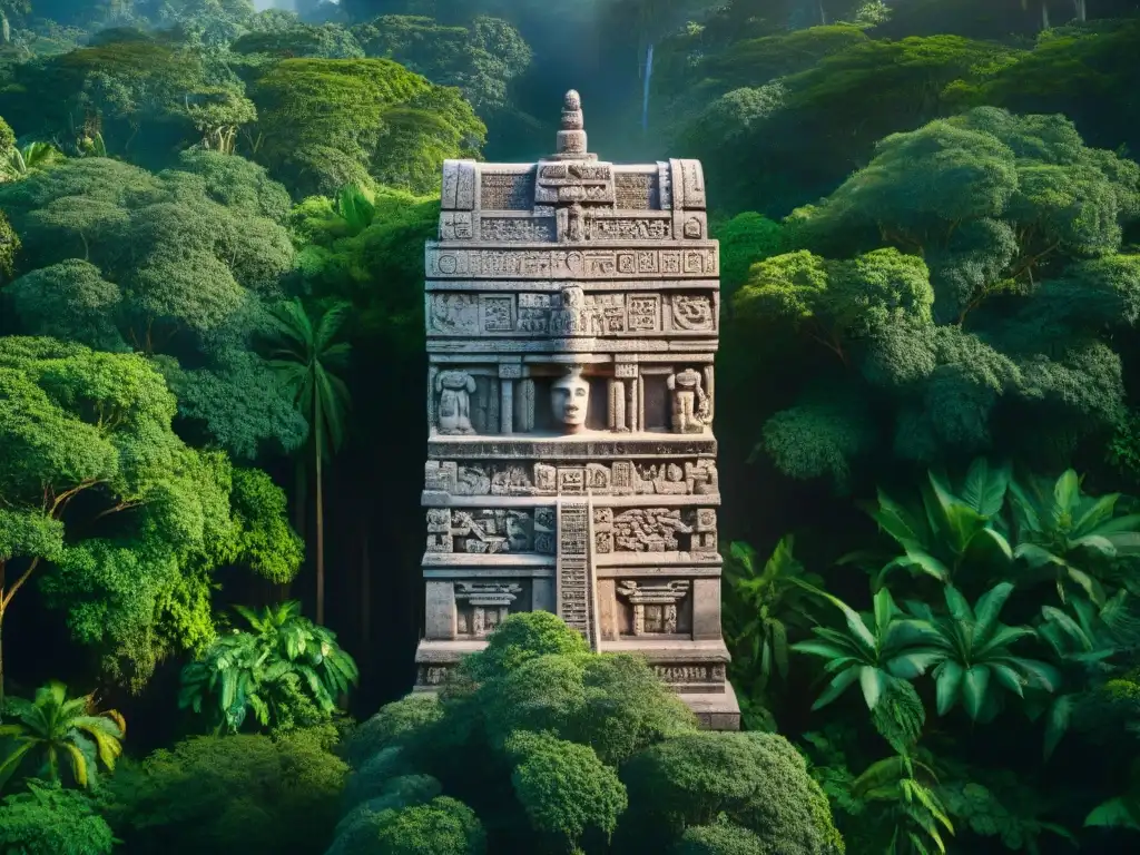 Monumento de piedra maya en selva exuberante con intrincados grabados y jeroglíficos, mostrando la estructura política civilización maya