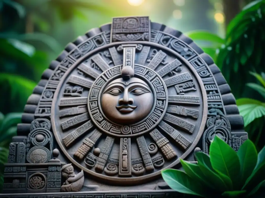 Monumento maya: mística celestial en la selva Monumento de piedra tallado con alineaciones celestes en cultura maya entre la exuberante jungla