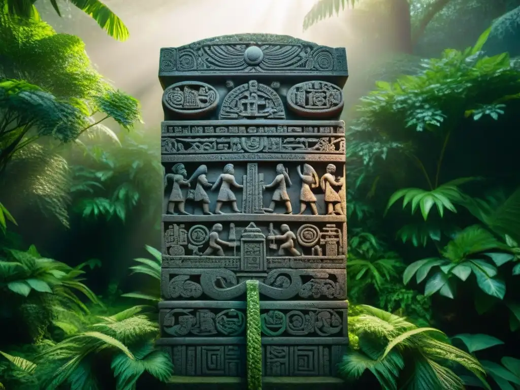 Monumento de piedra tallado en selva maya con jeroglíficos y la Cruz del Sur, significado Cruz del Sur Maya