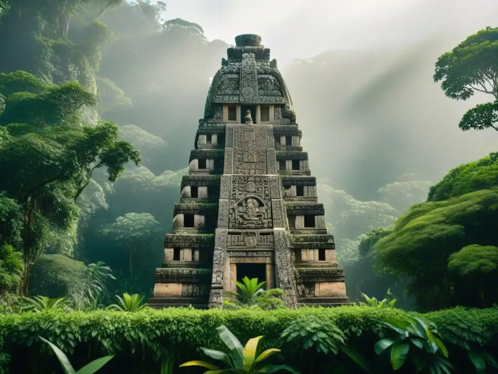 Monumento tallado rodeado de exuberante vegetación en la selva, representando el manejo de residuos en sociedad maya