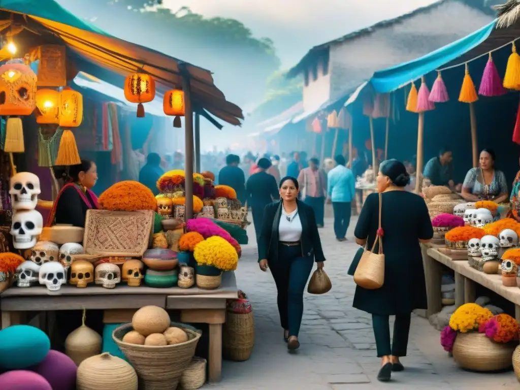 Celebración del Día de los Muertos Maya con artesanías coloridas y bullicio en un mercado festivo