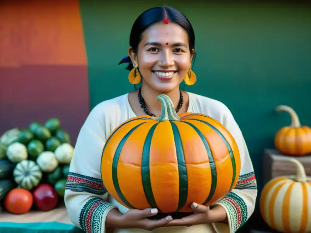 Una mujer indígena de Mesoamérica sonríe al mostrar el significado cultural de la calabaza en su comunidad