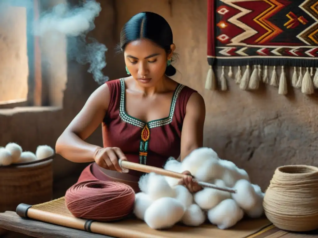 Una mujer maya hilando algodón con un huso tradicional en una escena rústica