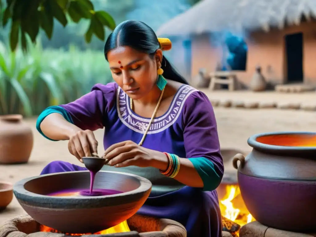 Una mujer maya preparando atole maíz morado en olla de barro sobre fuego abierto