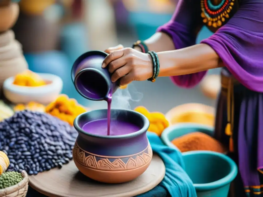 Una mujer maya vierte atole de maíz morado en mercado vibrante