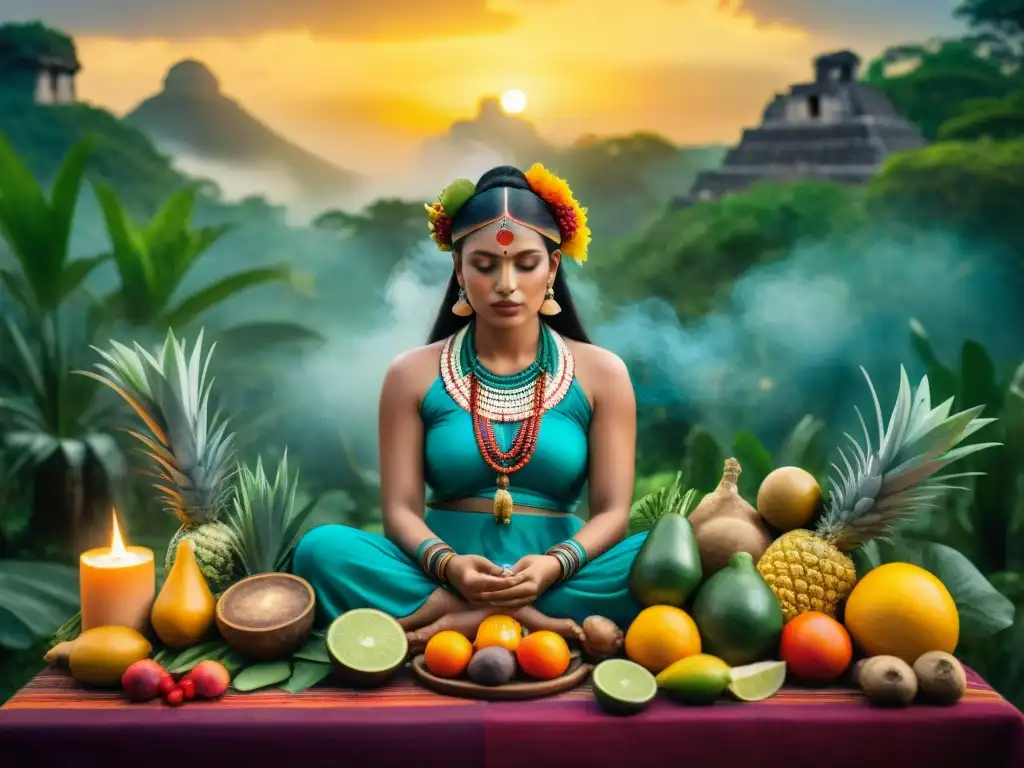 Una mujer Maya en atuendo ceremonial realizando un ritual con frutas y velas en la selva