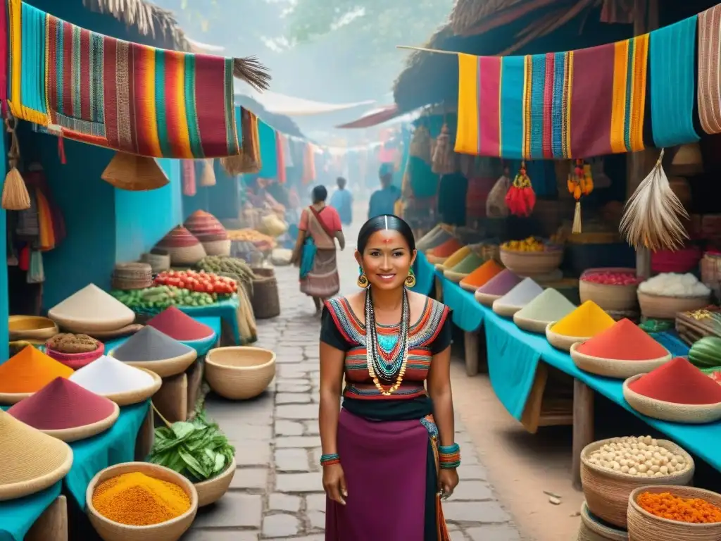 Una mujer maya en atuendo tradicional frente a un mercado vibrante