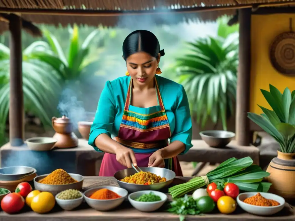 Una mujer maya preparando auténticos platillos salvadoreños en una cocina rústica al aire libre