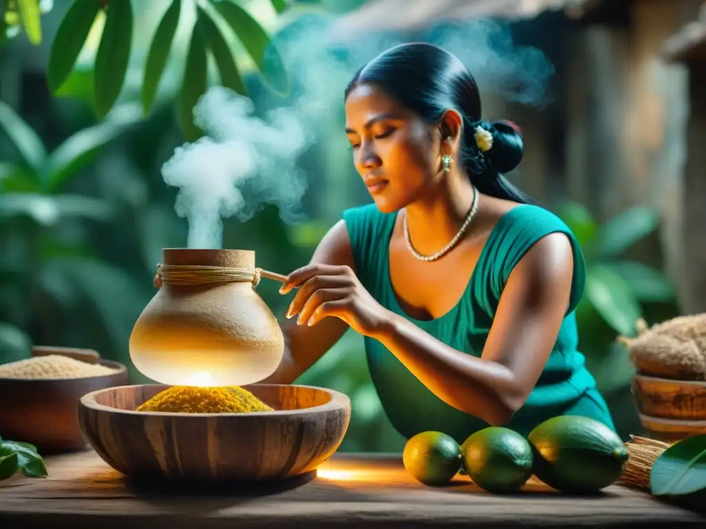 Una mujer maya elaborando balché en un entorno natural, conectando tradición, naturaleza e historia con bebidas fermentadas mayas tradicionales