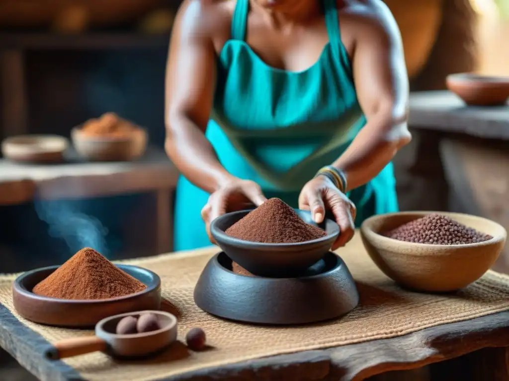 Una mujer maya muele cacao en metate, preparando pozol