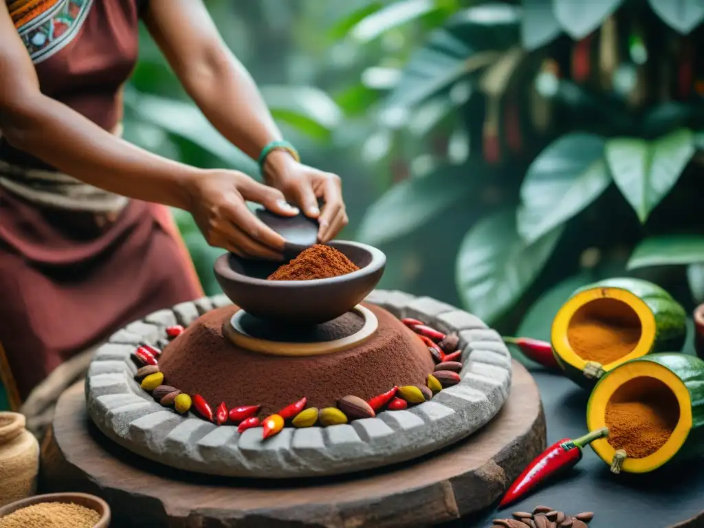 Una mujer maya muele cacao en metate, rodeada de ingredientes