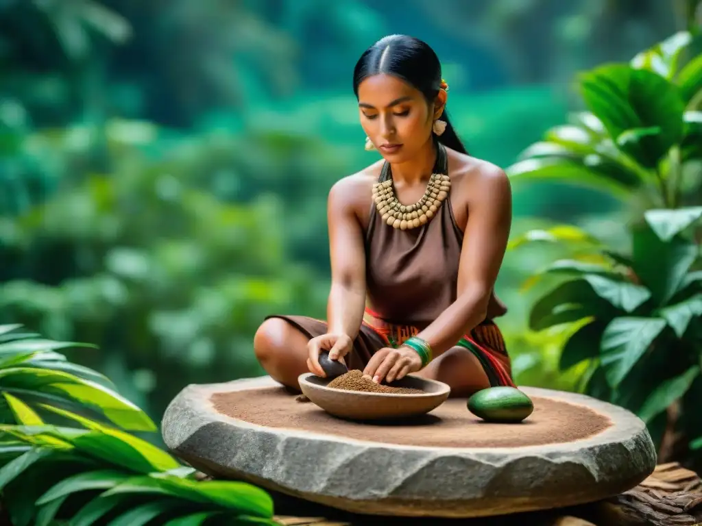 Una mujer maya muele cacao en metate de piedra en la selva, resaltando la importancia del cacao en mayas