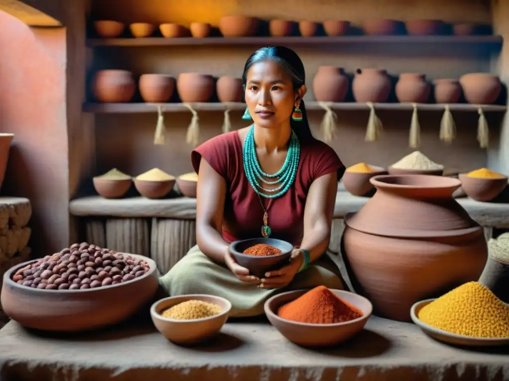 Una mujer maya fermentando cacao en ollas de barro, rodeada de ingredientes en cocina rústica