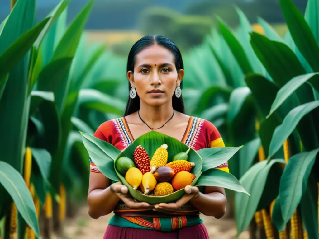 Una mujer maya en un campo de maíz, con un cacao sagrado y frutas nativas