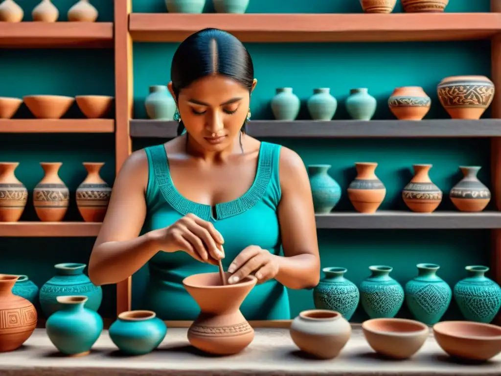 Una mujer maya creando cerámica, resaltando la importancia de la mujer en la artesanía maya