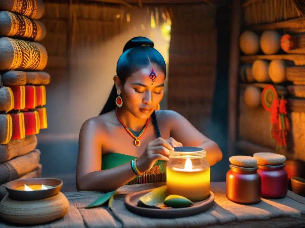 Una mujer maya en su choza aplicando secretos belleza piel rituales maya con aloe vera, miel y cacao