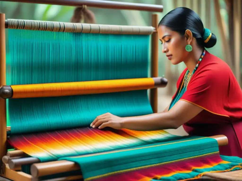 Mujer maya tejiendo en telar de cintura tradición textil maya, capturando la esencia de la artesanía ancestral