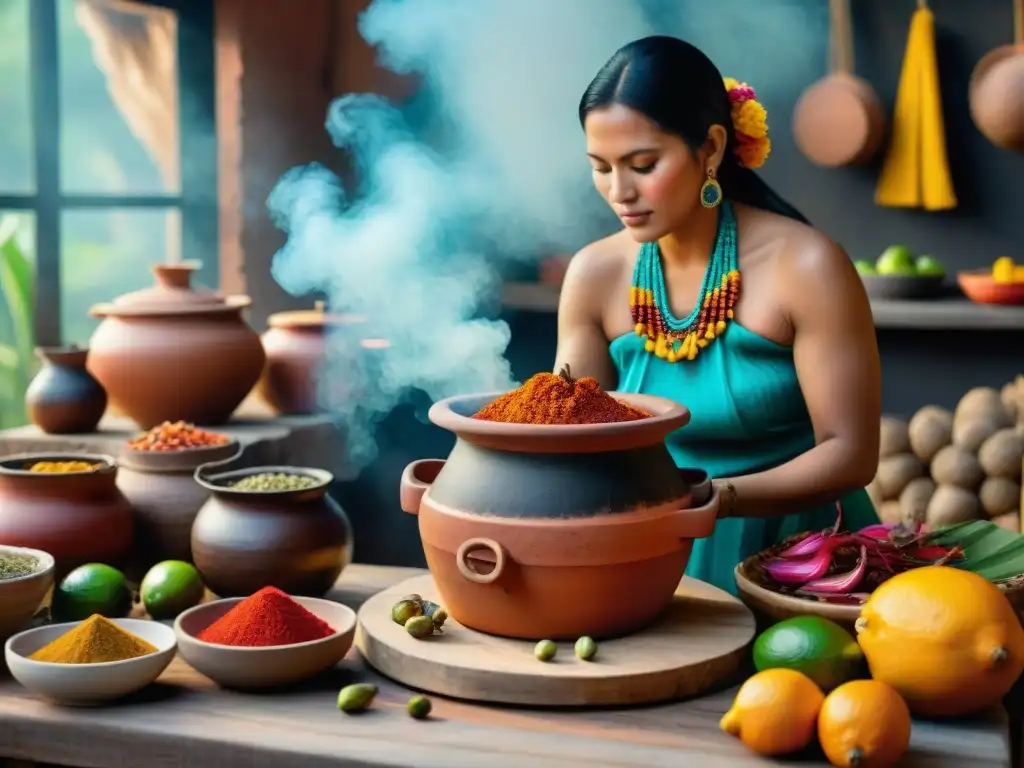 Una mujer maya preparando cochinita pibil con especias y frutas cítricas en cocina tradicional