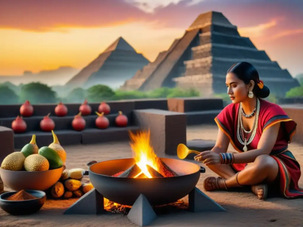 Una mujer maya cocina en un fogón con ingredientes tradicionales mientras los sabores de Teotihuacán adornan el cielo al atardecer