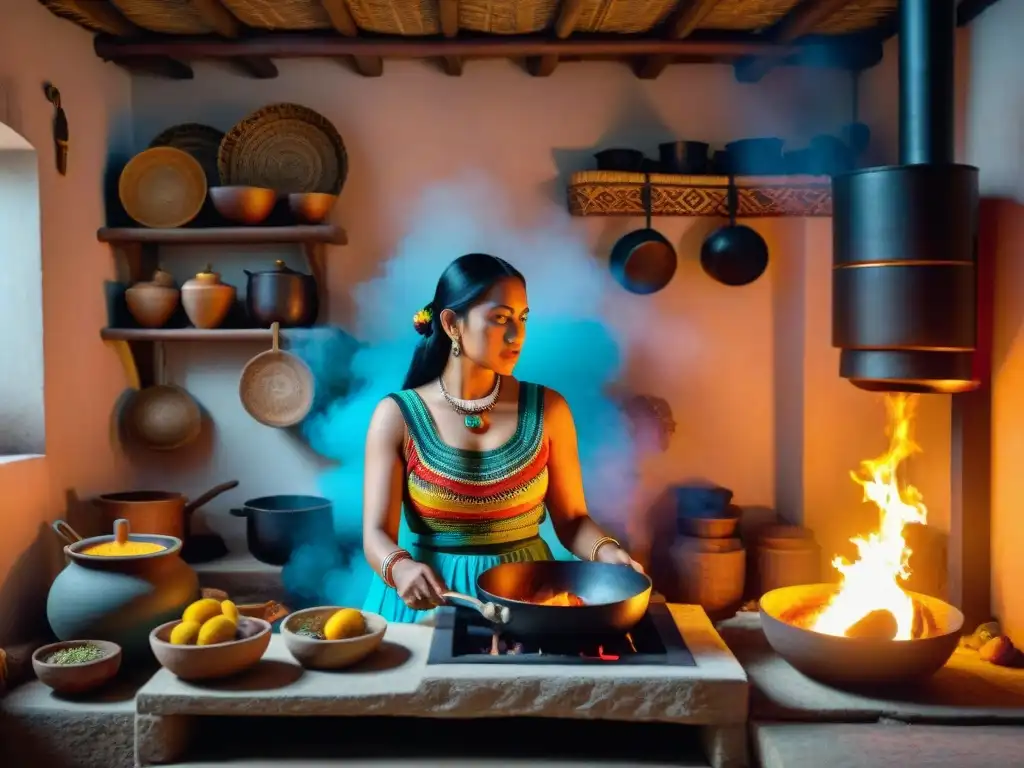 Una mujer maya cocina en fogón con ingredientes y utensilios tradicionales, en una atmósfera cálida y acogedora