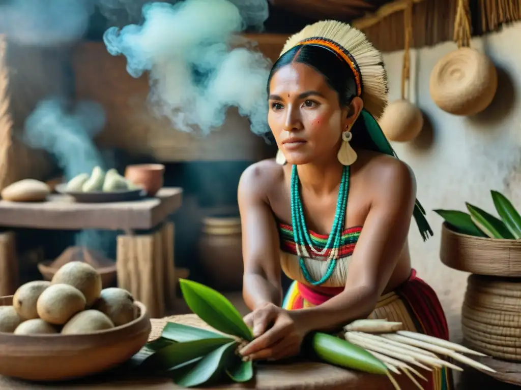 Una mujer maya prepara yuca en cocina tradicional