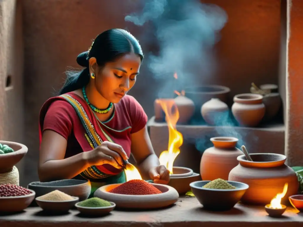 Una mujer maya muele condimentos en una cocina tradicional, creando una escena auténtica y cálida