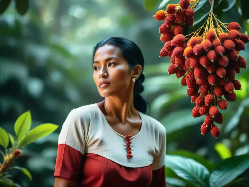 Una mujer maya cosecha semillas rojas de achiote en la selva tropical