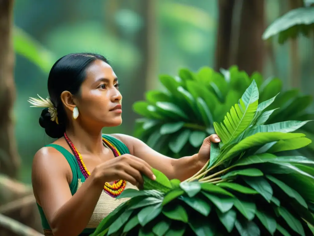 Una mujer maya selecciona con cuidado hojas verdes de Ramón en la selva tropical