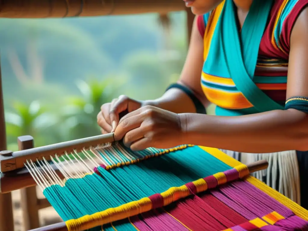 Una mujer maya teje con destreza hilos vibrantes en telar de cintura, mostrando patrones y colores en un entorno tradicional