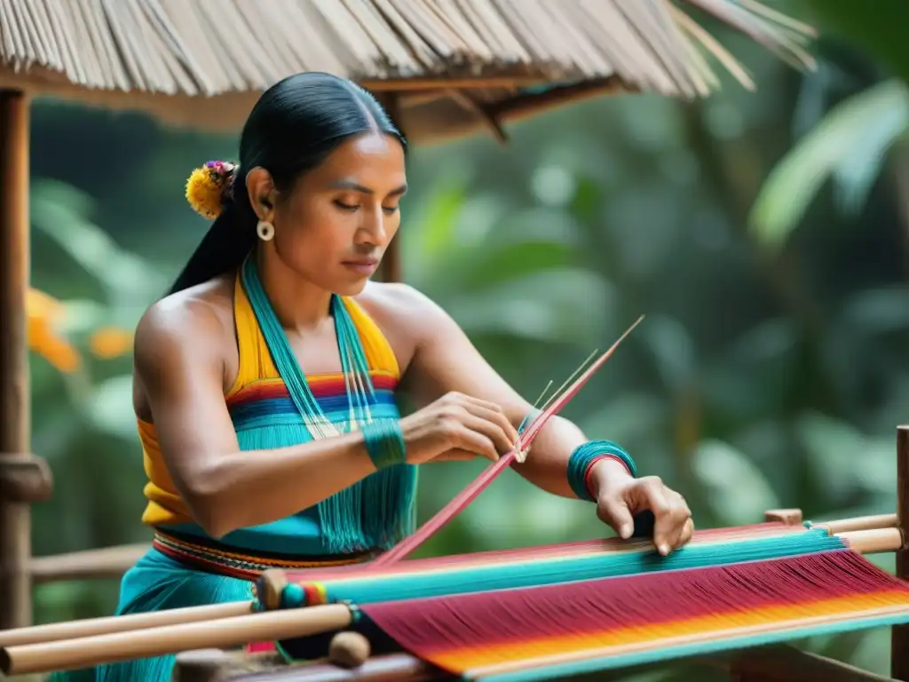 Una mujer maya teje con destreza en un telar, rodeada de naturaleza y símbolos de conservación agua cultura maya