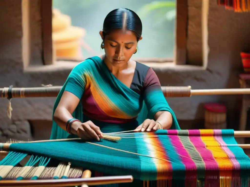 Una mujer maya teje con destreza un textil tradicional en un telar de cintura, mostrando la riqueza de los Textiles mayas como patrimonio