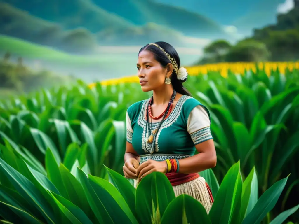 Sembrando vida: mujer maya cuida maizal ancestral Una mujer maya cuidando con devoción un campo de maíz, destacando la conexión entre mujeres, agricultura y cultura maya