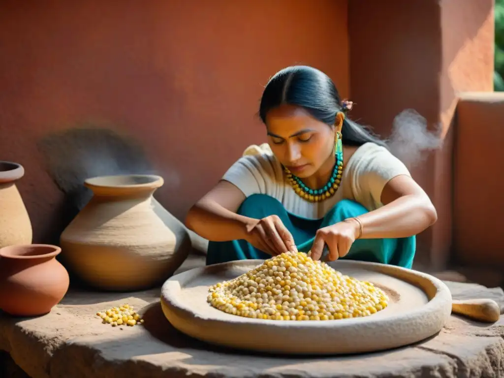 Una mujer maya del día de hoy nixtamaliza maíz en un metate, en un entorno tradicional