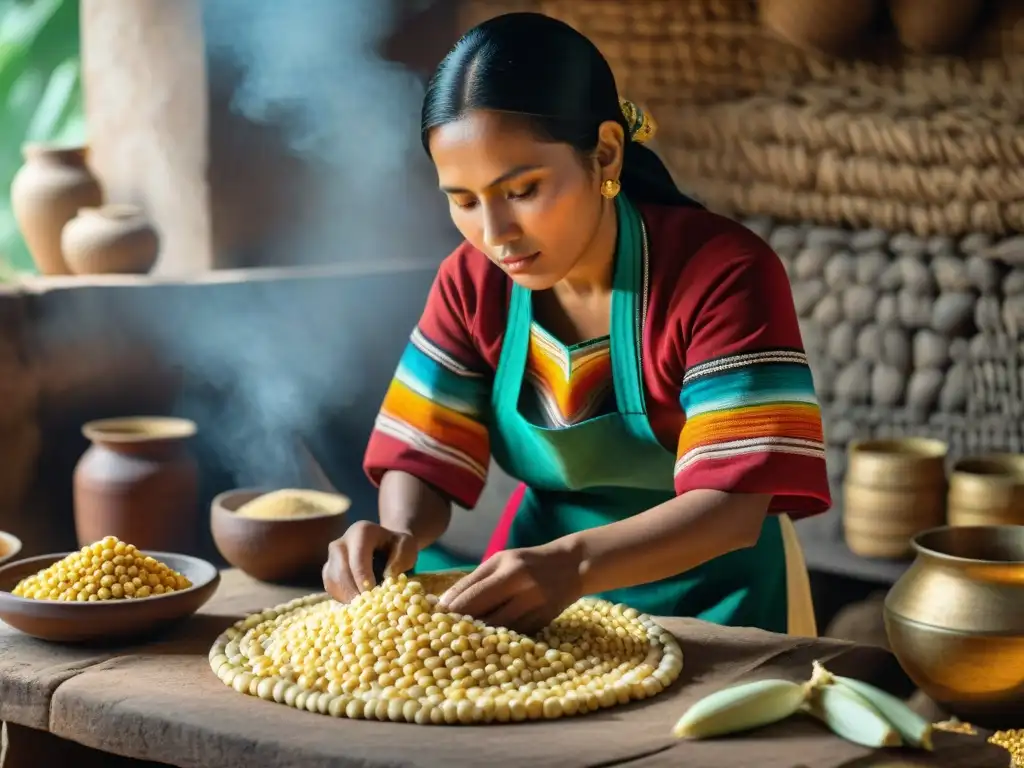 Una mujer maya transforma el maíz en dieta maya en una escena detallada y vibrante