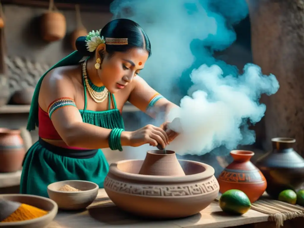 Una mujer maya experta elaborando Balché en una cocina rústica