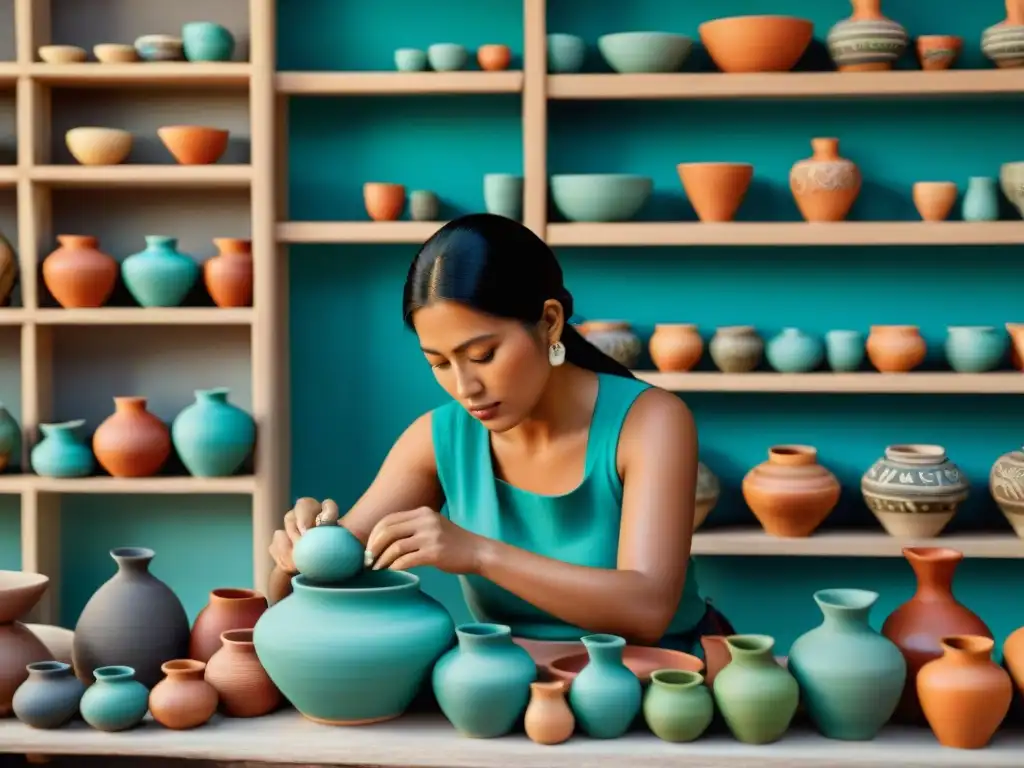 Una mujer maya experta moldeando cerámica, resaltando la importancia del papel de la mujer en la cerámica maya