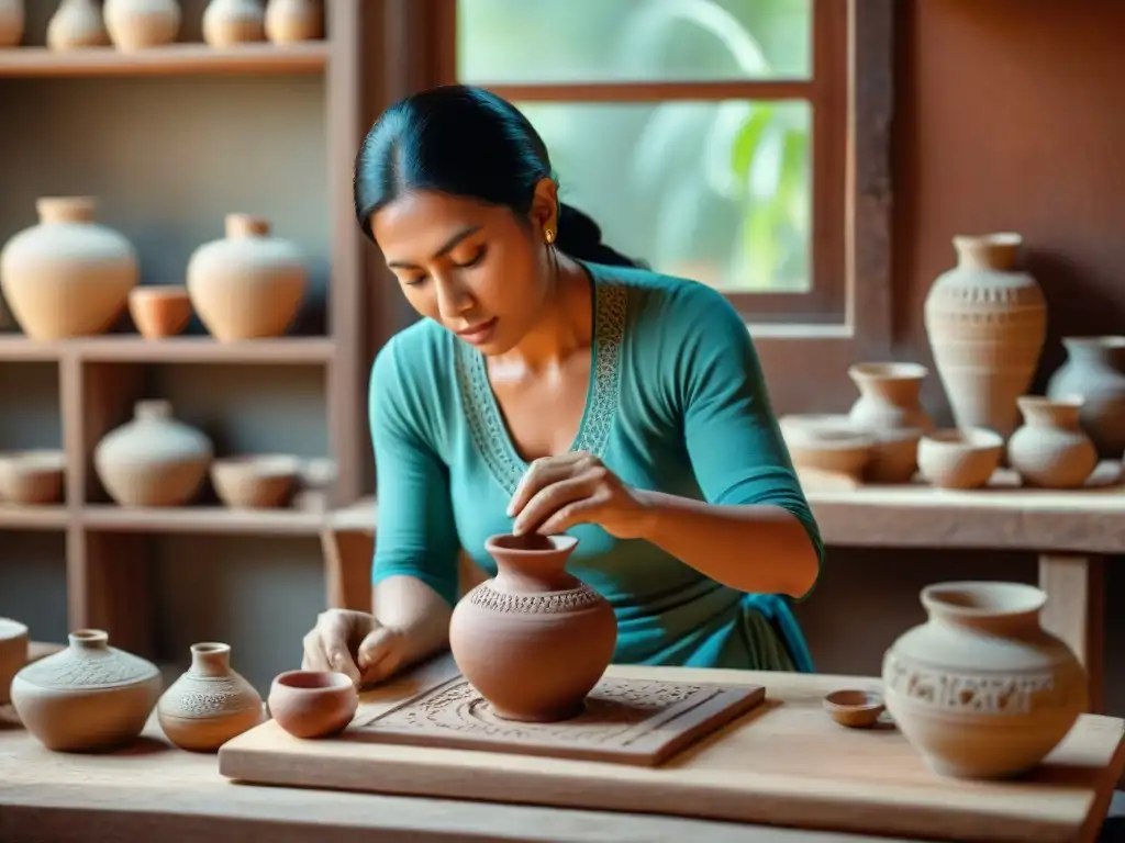 Una mujer maya experta moldeando cerámica en su taller tradicional, destacando la importancia cerámica en la vida cotidiana maya